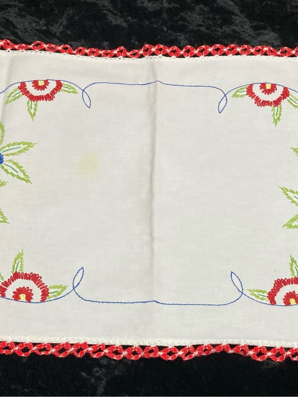 Vintage Embroidered Floral Table Runner - White with Red & Green Accents